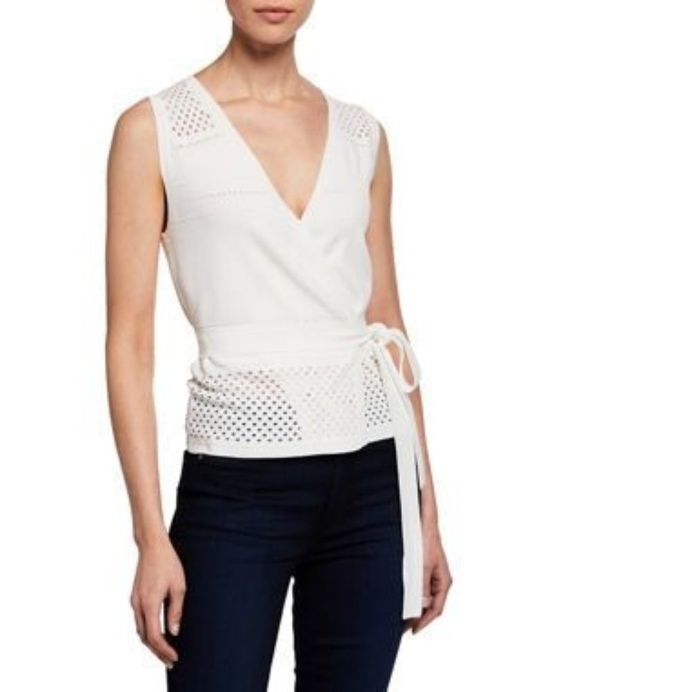 Diane Von Furstenberg Saffa Perforated Wrap Top in Ivory, Xsmall